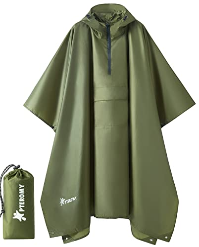 PTEROMY 3-in-1 Hooded Rain Poncho for Adult with Pocket, Waterproof Lightweight Unisex Raincoat for Hiking Camping Emergency - color: Green 1/4 Zipper