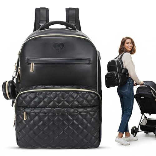 Large PU Leather Diaper Bag Backpack Set (3-Piece) – Baby Bag with Large Changing Pad, Insulated Warm/Cool Bottle Pockets Organization, Newborn Essentials Travel Gift for Mom & Dad, Best Baby Shower