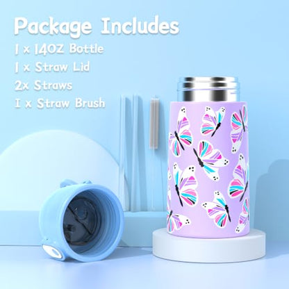 Kids Backpack for Girls 5-8, 4PCS Toddler Backpack with 13oz Kids Insulated Water Bottle, Lunch Box and Pencil Case, Girls Bookbag Schoolbag for Primary Kindergarten Elementary School - color: Purple Blue Butterfly