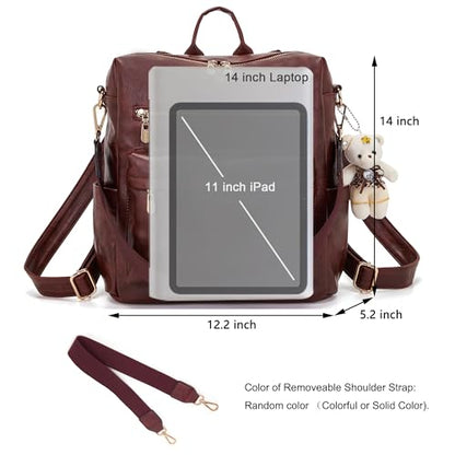Soperwillton Women Backpack Purse Multipurpose Design Handbags Shoulder Bag PU Leather Travel bag Backpack Set 2pcs - color: Deepred