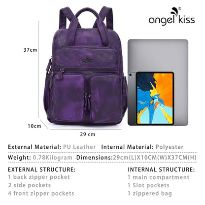Angel Kiss Backpack Purse for Women Soft Washed Leather Multi Pocket Casual Travel Backpacks… - color: Dark-purple