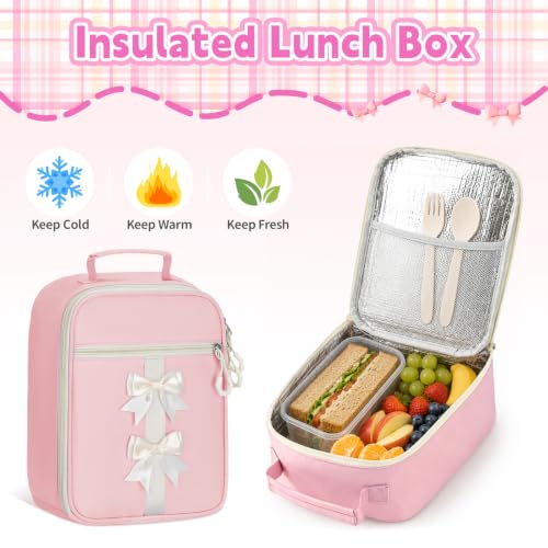 Girls Backpack with Lunch Box Set, 4 PCS Cute Kawaii School Bookbag for Elementary Girls, Pink Aesthetic Large Laptop Backpack for Kids & Teens - color: Pink