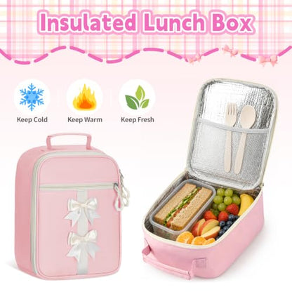 Girls Backpack with Lunch Box Set, 4 PCS Cute Kawaii School Bookbag for Elementary Girls, Pink Aesthetic Large Laptop Backpack for Kids & Teens - color: Pink