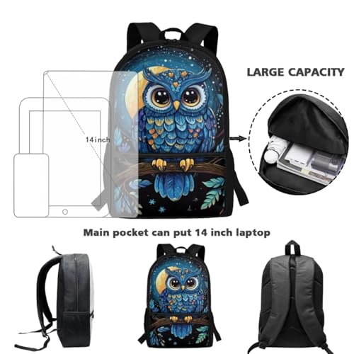 ZOUTAIRONG Blue Owl Print Backpack for School Mini Thermos School Bags for Girls Boys 7-10/10-12/12-16, Fashion Casual Backpack with Side Pockets - color: Blue Owl