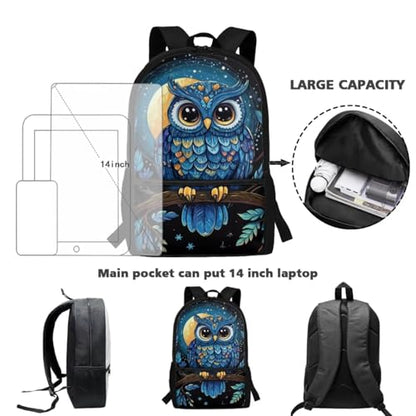 ZOUTAIRONG Blue Owl Print Backpack for School Mini Thermos School Bags for Girls Boys 7-10/10-12/12-16, Fashion Casual Backpack with Side Pockets - color: Blue Owl