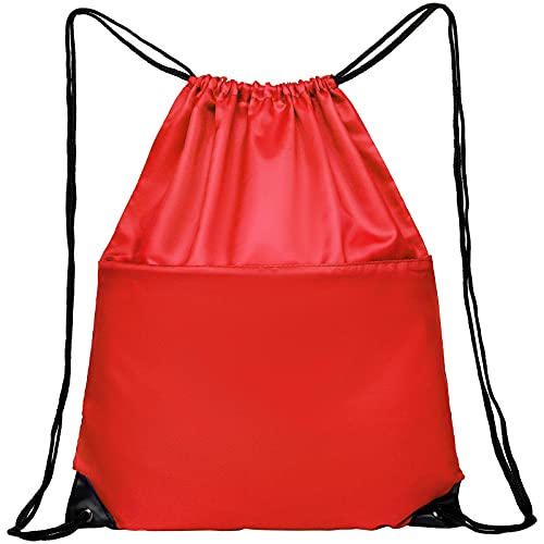 Drawstring Backpack Sports Water Resistant String Bag Sport Gym Sackpack for Women Men Large with Zipper, Red - color: Red