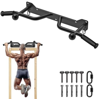 SELEWARE Heavy Duty Wall Mounted Pull Up Bar - Fully Welded Multifunctional Chin Up Bar with Ball Finger Training & Accessory Hooks, 600LB Capacity for Support Beam/Joist/Doorway