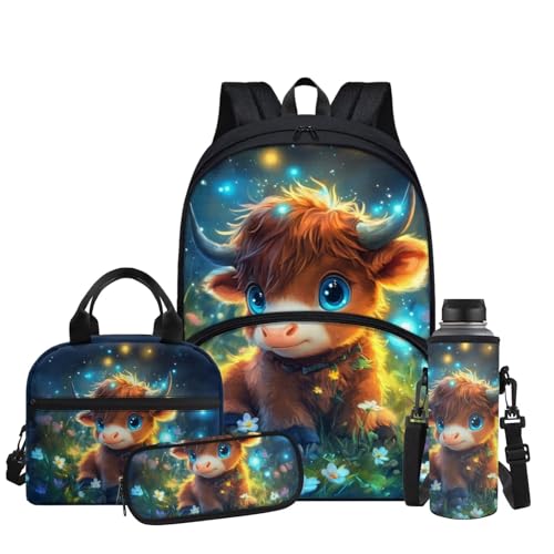 Cute Highland Cow Backpack for Girls Kids Backpack with Lunch Box Water Bottle Holder with Strap and Pencil Case Pouch 4Pcs Set 17" Bookbag with Large Front Pocket Sturdy Elementary School Bag - color: Cute Highland Cow-1