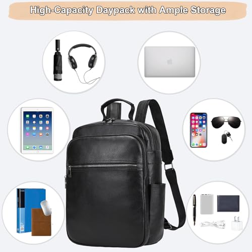 Genuine Leather 15.6 Inch Laptop Backpack for Men & Women, Business Commute Bag Daypack with Multi-Pockets for Travel Outdoor - color: Y80-17y-black