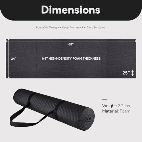 Fitvids All Purpose 1/4-Inch High Density Anti-Tear Exercise Yoga Mat with Carrying Strap, Multiple Colors - color: Black