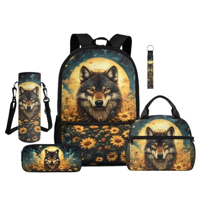 ZDCUSTOM Sunflower Wolf School Backpack with Lunch Box for Kids Boys School Bags with Pencil Case Keychain Water Bottle Holder 5PCS, Large Capacity Elementary Bookbag for 1st 2nd 3rd Grade - color: Sunflower Wolf