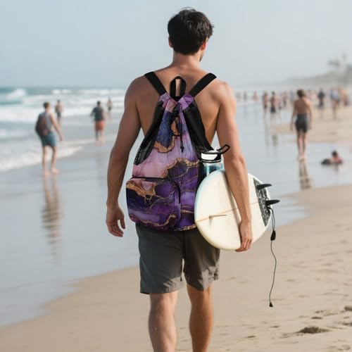 Mens Drawstring Bags Gym Sackpack With Water Bottle Pocket Cinch Pack Wet and Dry Separation Marble Purple Burgundy - color: Color 1
