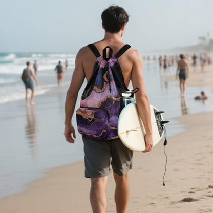 Mens Drawstring Bags Gym Sackpack With Water Bottle Pocket Cinch Pack Wet and Dry Separation Marble Purple Burgundy - color: Color 1