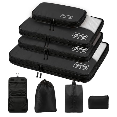 8-Piece Compression Packing Cubes for Travel, Ultralight Sleek Luggage Organizer Set for Business Trips & Frequent Travelers, Space Saving for Carry-On & Suitcase - Black - color: Black-8 Set