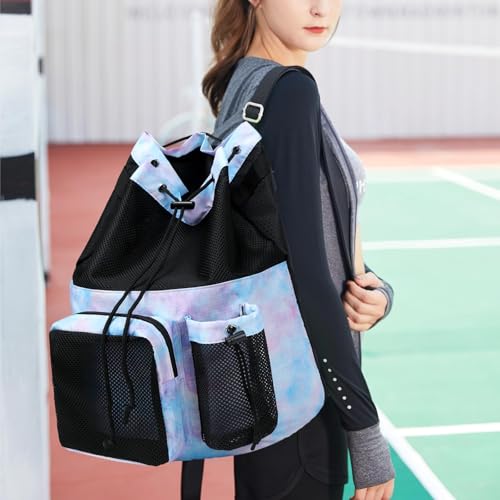 Lohol Large Mesh Drawstring Backpack with Shoe Bag, Durable Swimming String Sack with Handle for Sports Gym Yoga Beach Travel - color: Galalxy Purple Blue