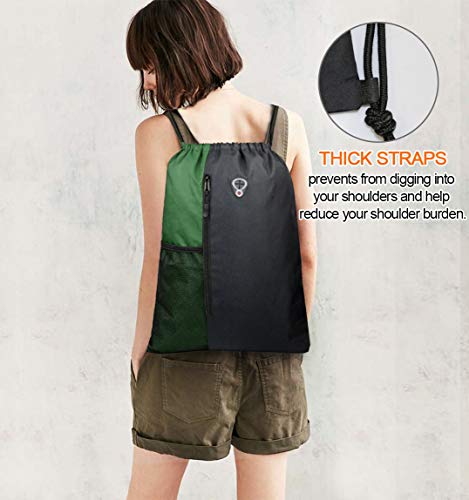 BeeGreen Green Drawstring Bag Sports Gym Backpack for Women Men Large Cinch Sackpack Day Pack with Zipper and Water Bottle Mesh Pockets (Black/Green) - color: Black/Green, style: Drawstring With Mesh Pocket