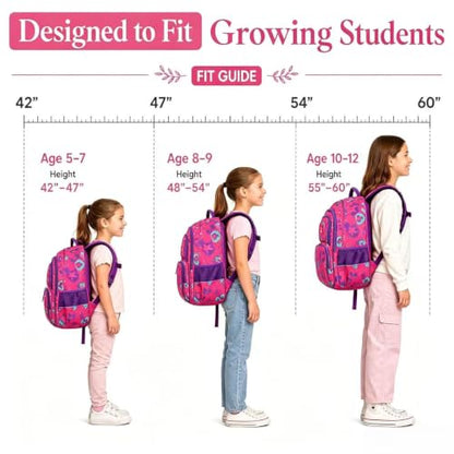 MYGOO Girls School Backpack Campus Butterfly Magenta Bookbag for Elementary Middle School Ages 5-12, 17 inch Large Capacity 24L Kids Student Travel Bags - color: Campus Butterfly Magenta