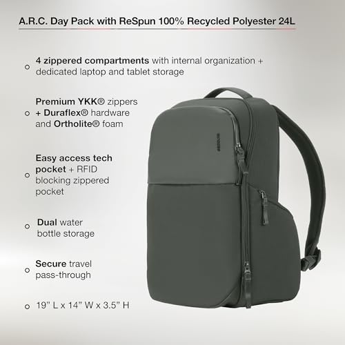 Incase A.R.C. Daypack 24L – Travel Backpack and Laptop Bag for School - Fits up to 16 inch Laptop - 4 Zippered Compartments, 2 Water Bottle Pockets - Commuter and College Backpack - Smoked Ivy - color: Smoked Ivy