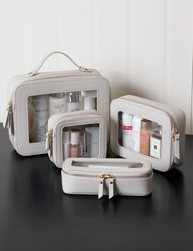 Popvibe Slim Makeup Brush Bag Travel Clear Toiletry Bag for Women Cute Make Up Bag for Traveling Cosmetic Bag Organizer Waterproof Tansparent Beauty Makeup Case Blue Gray - color: Beige Grey, style: Slim Sleek