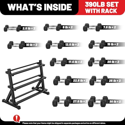 PAPABABE Hex Dumbbell Set with Rack, Rubber Encased Free Weight with Weight Storage Racks, Multiple Weight Options for Home Gym and Fitness - style: 390LB with 3-Tier Weight Rack