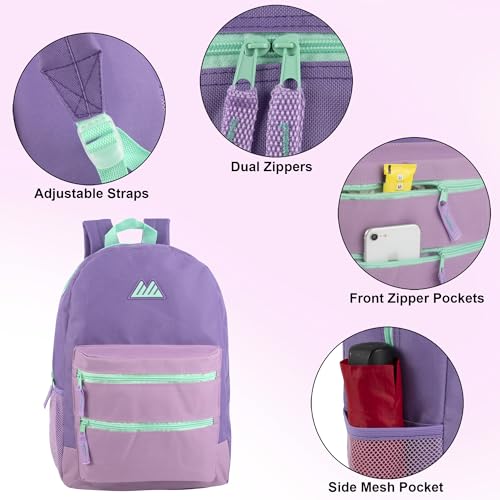 Summit Ridge Colorful Big Backpack for School Kids, Multi Pocket Backpack for Elementary, Middle School Girls, Boys with Padded Straps (Purple/Lilac) - color: Purple/Lilac