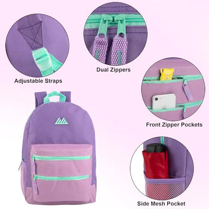 Summit Ridge Colorful Big Backpack for School Kids, Multi Pocket Backpack for Elementary, Middle School Girls, Boys with Padded Straps (Purple/Lilac) - color: Purple/Lilac