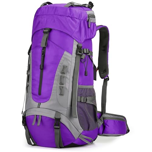 75L Hiking Backpack with Rain Cover Waterproof Camping Backpack Shoes Warehouse for Men Women, Frameless - color: Purple, size: 60L