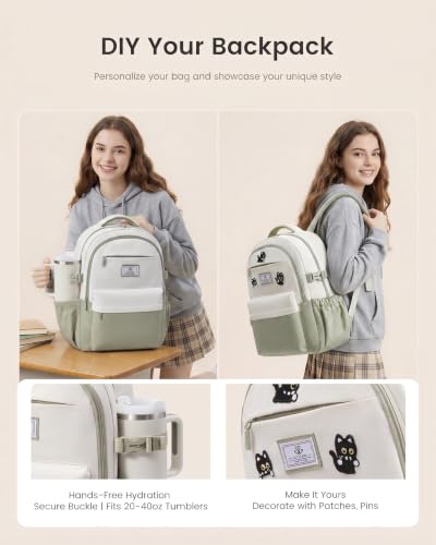 LOVEVOOK Laptop Backpack for Women Teens,College School Backpack with Tumbler Holder,15.6" Computer Bag,14 Pockets,Waterproof - color: Off-white/Bean, size: 15.6inch