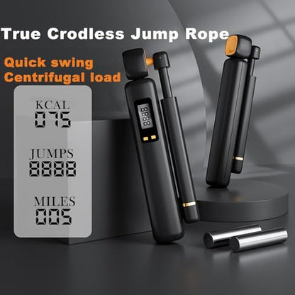 Cordless Jump Rope with Counter - Adjustable Length Ropeless Weighted Jump Rope with LCD Display, Count, Miles, Calories, Km Record
