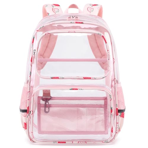 Sisipoet Clear Backpack for Girls with Strawberry Print, Heavy Duty Transparent Bookbag for School, Stadium, and Concert, Pink - color: Pink/Strawberry