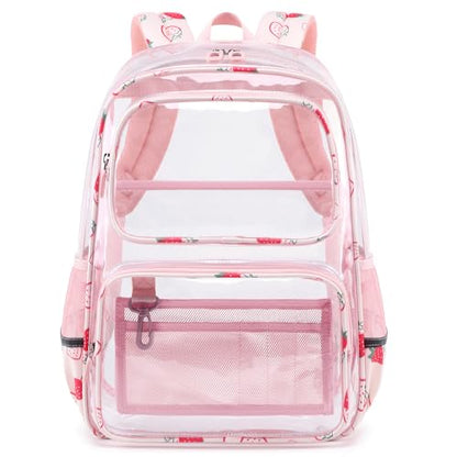 Sisipoet Clear Backpack for Girls with Strawberry Print, Heavy Duty Transparent Bookbag for School, Stadium, and Concert, Pink - color: Pink/Strawberry