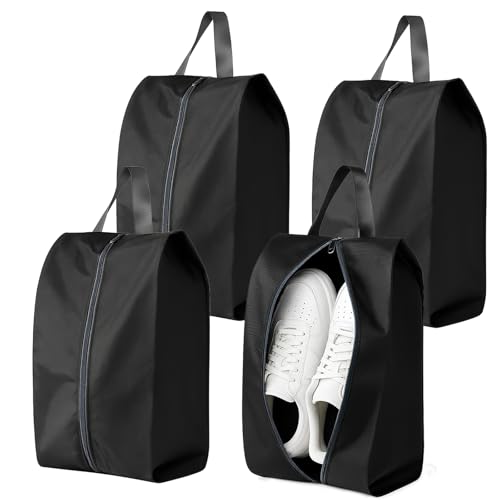 Shoe Bags for Travel 4-Pack – Black Shoe Storage Organizers with Handle | Durable Water-Resistant Bags for Packing, Gym, Sports, Dance, Tennis, Soccer, Baseball, Running - color: Black