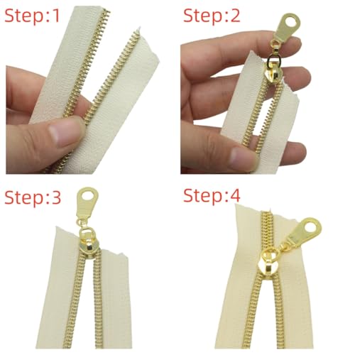 MebuZip #5 Gold Metallic Nylon Coil Zippers by The Yard Bulk Coil Zipper Roll 10 Yards with 25pcs Pulls for DIY Sewing Craft Bags (Beige) - color: Gold Beige