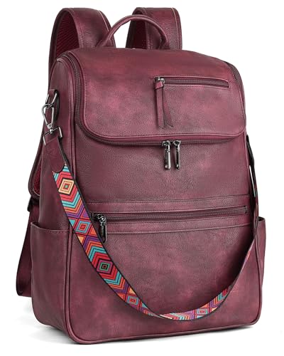 FADEON Laptop Backpack for Women Leather Travel Backpack with Laptop Compartment, Designer PU Shoulder Laptop Bag Red - color: Wine Red Retro Style