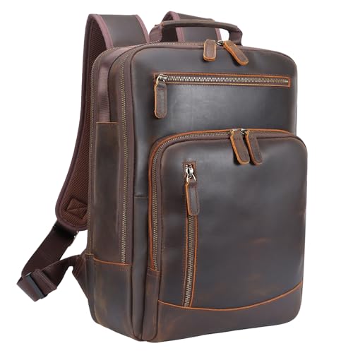 TIDING Full Grain Leather Laptop Backpack for Men, Vintage 15.6 Inch Computer Work Bag College Business Casual Daypack