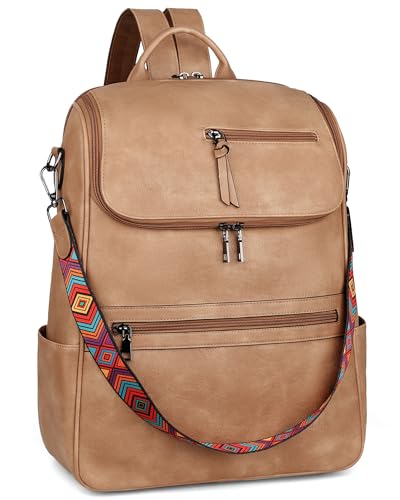 FADEON Laptop Backpack for Women Leather Travel Backpack with Laptop Compartment, Designer Ladies Computer Backpacks Camel - color: Camel Brown Retro Style