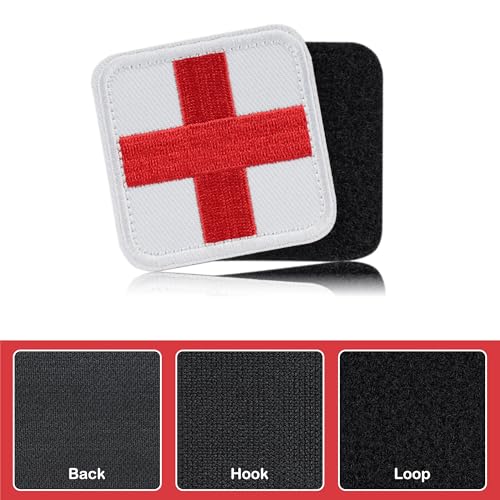 2x2-Inch Embroidered Medical First Aid Patch Cross Red Appliques with Hook & Loop for Tactical Backpacks Pouches Bags Jackets, 2 Pack, White - color: White