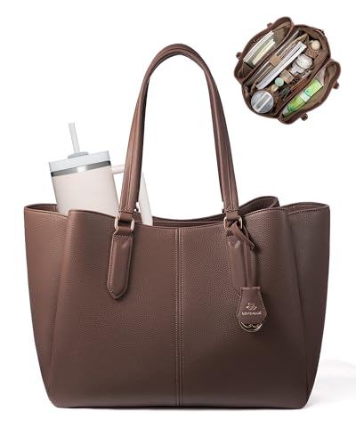 LOVEVOOK Laptop Tote Bag for Women 15.6 In Work Bags with Triple Compartments Large Faux Leather Computer Office Briefcase - color: Deep Brown, size: 15.6 Inch
