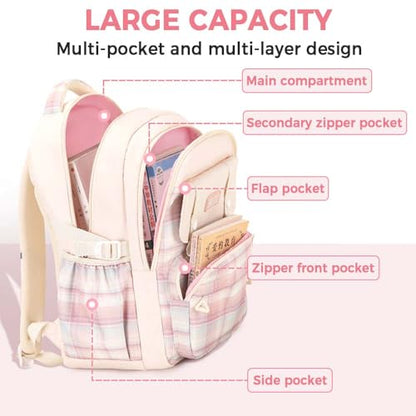 Cute College Laptop Backpack for Women Large Capacity Preppy Aesthetic Computer Bag Kawaii Pink Daypack with Pendant (Beige) - color: Beige