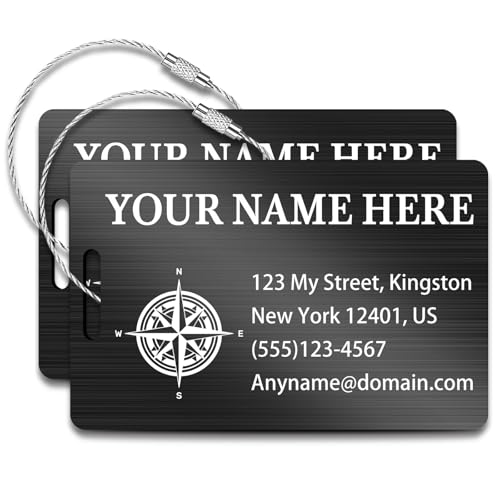 Personalized Metal Luggage Tags (2 Pack), Customizable Icon Text, Laser Engraved Waterproof Durable, for Bags, Backpack Travel, Suitcases (Black) - color: Vertical Black