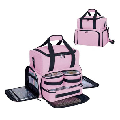 Large Makeup Cosmetic Bag with 3 Removable Case and 2 Removable Dividers Double Layer Travel Storage Organizer, Makeup Brushes Storage Section Pink - color: Pink