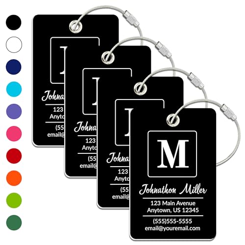 Personalized Luggage Tag | 4 Pack | Custom Luggage Tags for Suitcases | Kids Backpack Tag | 10 Color Options & Choose Font, Font Color - color: Black, size: 4 pack - Large