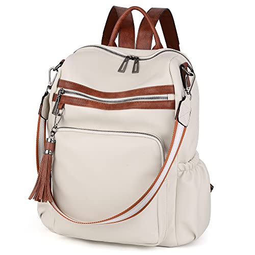 UTO Women Backpack Purse Leather Vegan Ladies Fashion Designer Rucksack Convertible Travel Shoulder Bag with Tassel - color: 01226 Beige Brown, size: Large