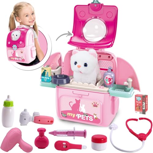 Pet Cat Carrier Backpack Toy, MAGIC4U 23PCS Pet Care Play Set,Vet Clinic and Doctor Kit for Kids, Veterinarian Pretend Play Set for Girls Ages 3-6 Pink - style: Pink