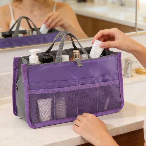 1 Piece Purse Organizer Insert, Foldable Bag in Bag Organizer, Multi-Pocket Tote Organizer, with Handheld Design, for Digital Accessories, Cosmetics (Purple) - color: Purple