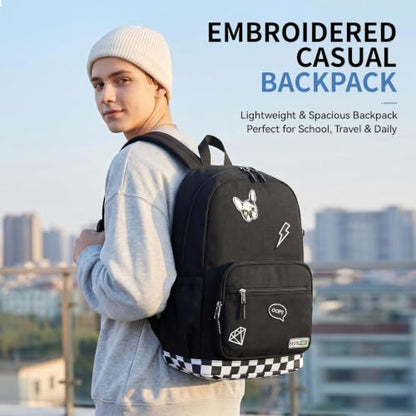 mygreen Embroidered Patch Backpack,15.6 Inch Water Resistant School Daypack - color: Black Patch