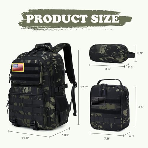 Camo Backpack for Boys, Tactical Boys Backpack with Lunch Box Pencil Case, Kids Backpacks with USB Charging Port, Military Army School Bookbag for Teen Boy Elementary Middle High School Camp - color: Black-green