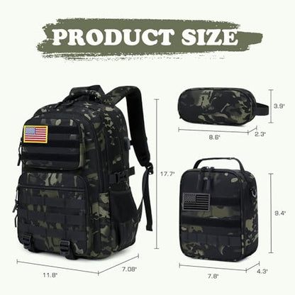 Camo Backpack for Boys, Tactical Boys Backpack with Lunch Box Pencil Case, Kids Backpacks with USB Charging Port, Military Army School Bookbag for Teen Boy Elementary Middle High School Camp - color: Black-green