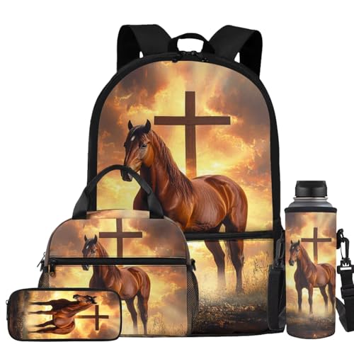 Cross Horse Boys Bookbag with Lunch Box 4 Pieces Backpack Set Teen Boy Bookbag for Kindergarten Primary Elementary School 4th Grade Backpack for Boys Back to School Bags with Handle - color: Cross Horse