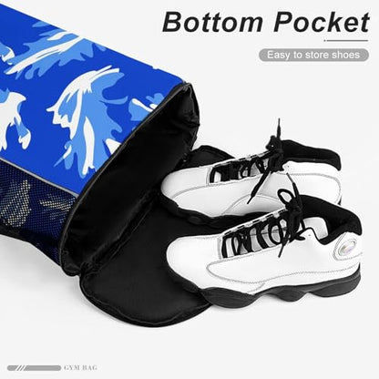 Drawstring Gym Backpack with Shoe Compartment And Wet Pocket, 28L Lightweight Waterproof Blue Celery Pattern Sports Backpack for Workout Swim Beach Travel String Bag for Men Women